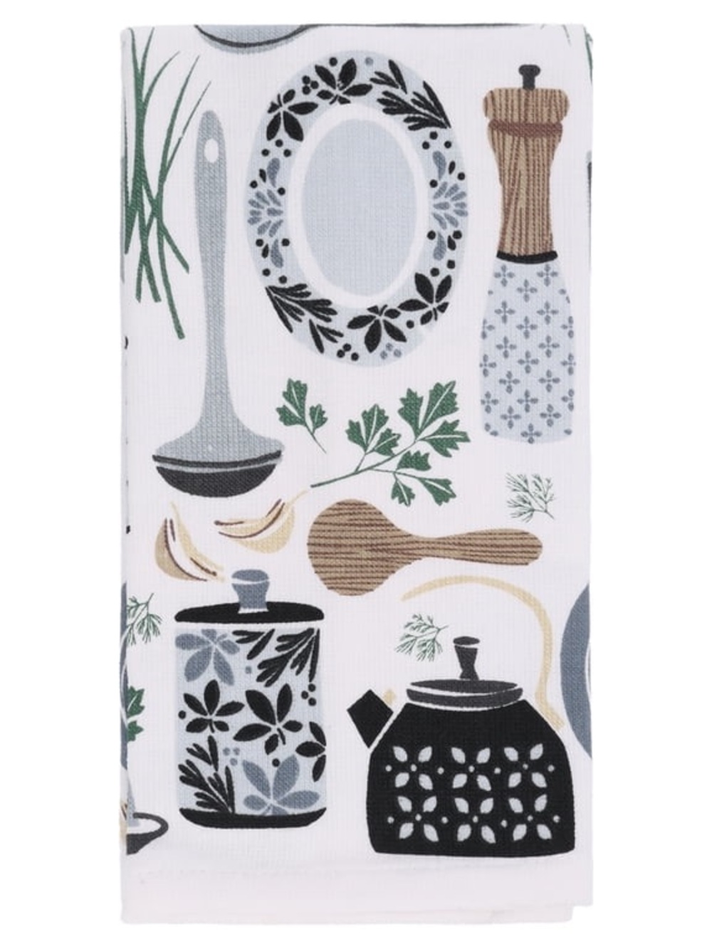 Kitchen Utensil Print Cotton Tea Towel - White/Black/Green Set of 2